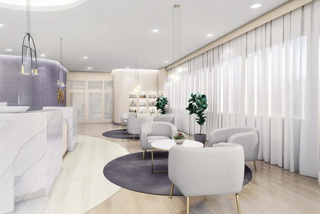 Sala de espera moderna en centro médico: ambiente profesional y acogedor para pacientes