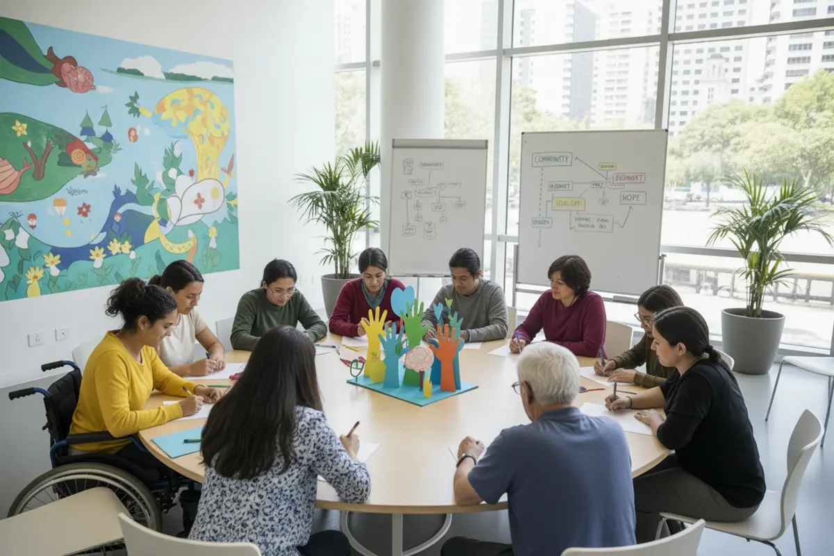 Unidad y solidaridad: Grupo diverso trabajando juntos hacia el bienestar mental.
