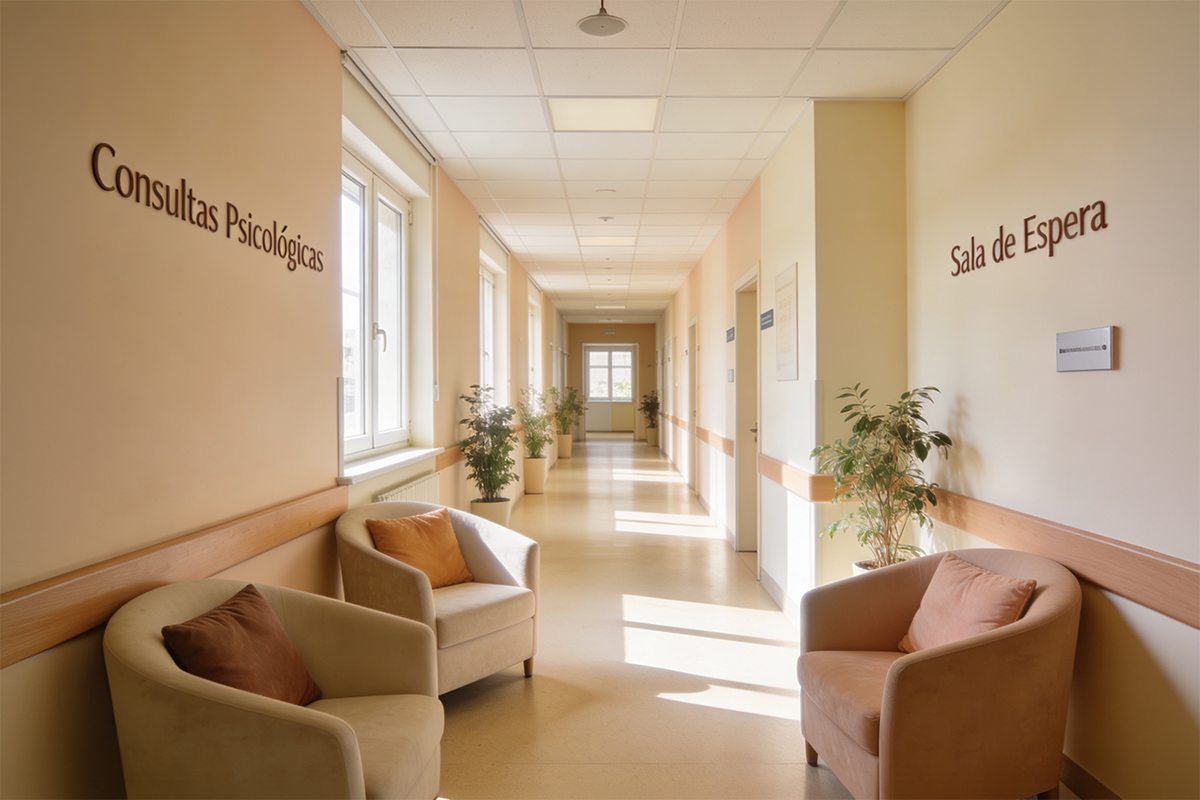 Hospital moderno de salud mental: Espacios acogedores diseñados para el bienestar del paciente.
